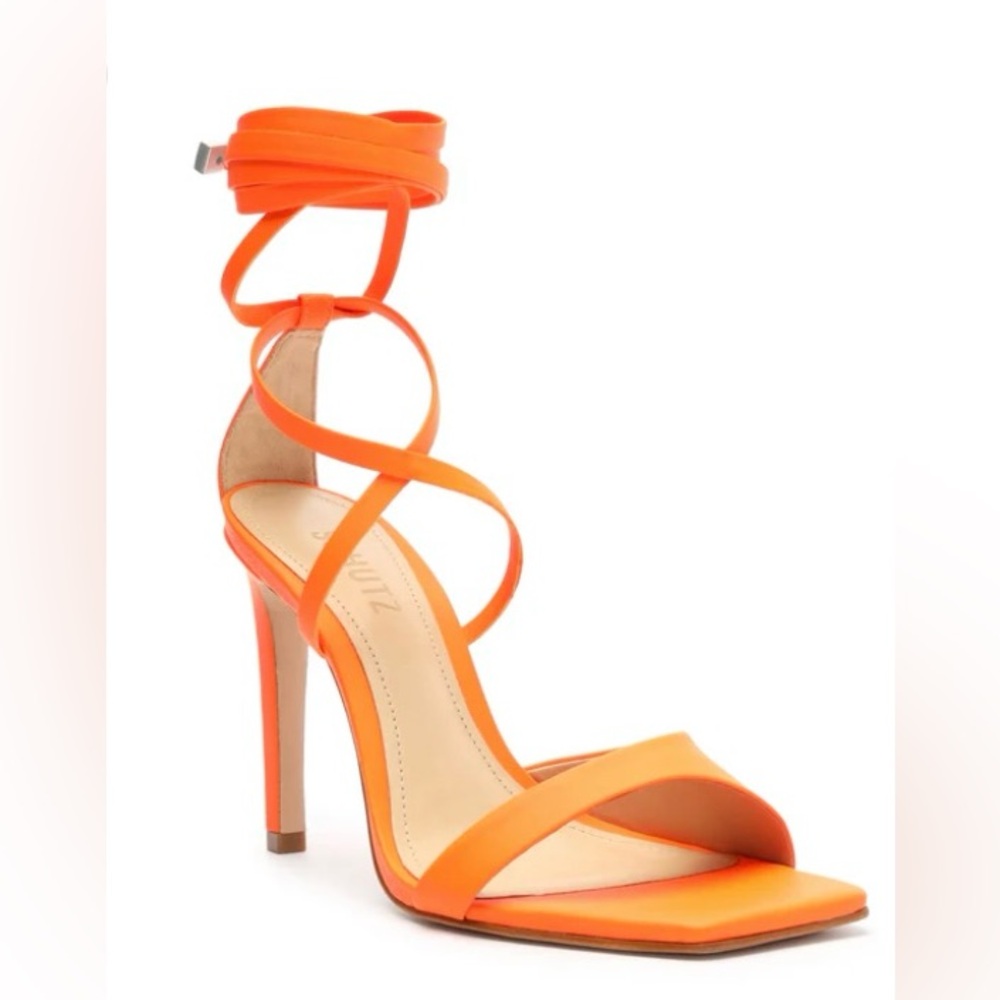 SCHUTZ Bryce Leather Strap Ankle-Wrap Sandal in Acid Orange